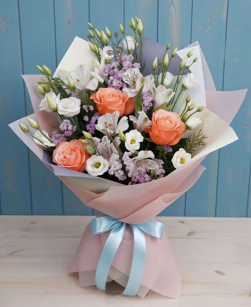 Букет цветов из: Лизиантусы, Розы, Альстромерии и Гипсофила в Старой Меловой