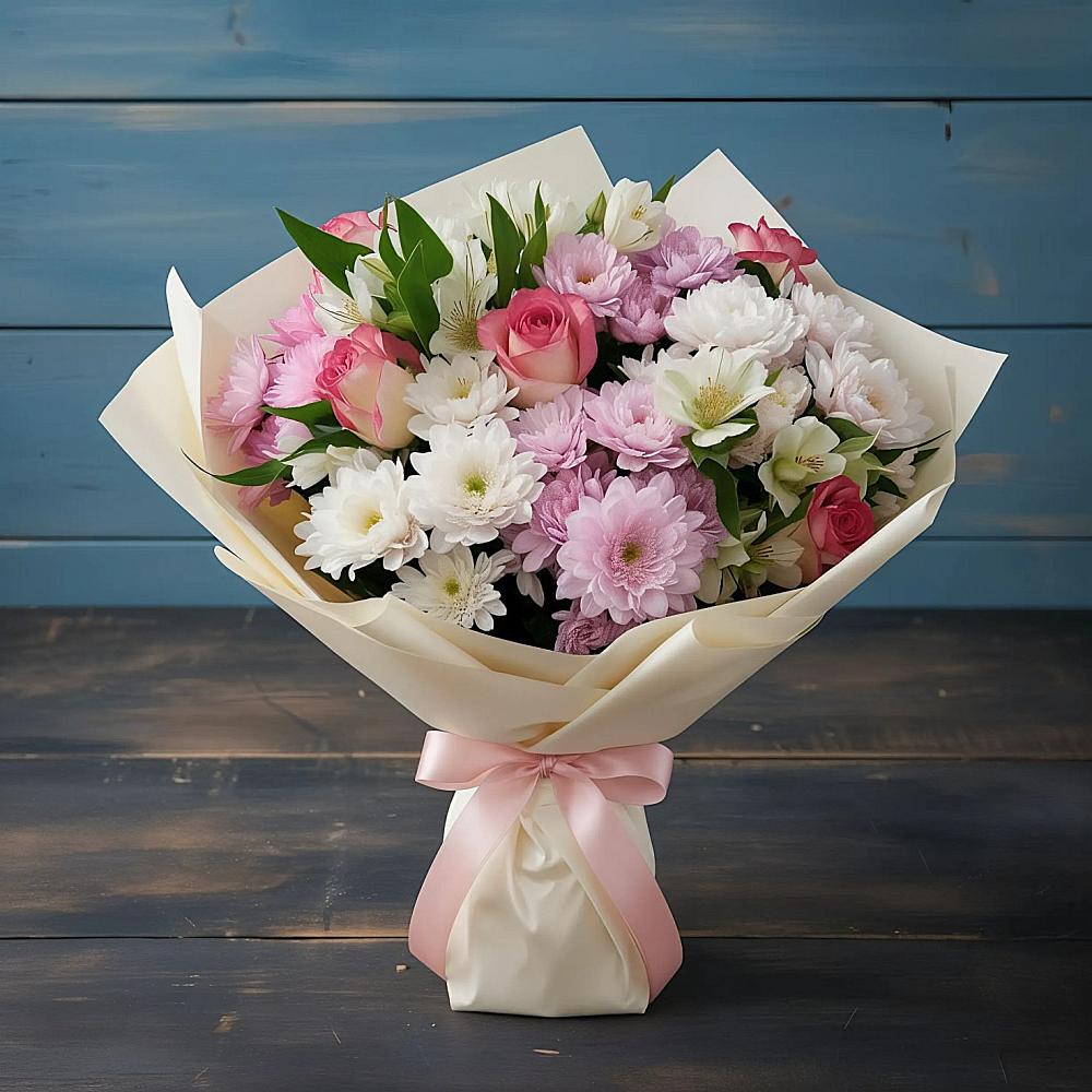 Букет цветов из: Хризантемы, Альстромерии и Розы в Старой Меловой